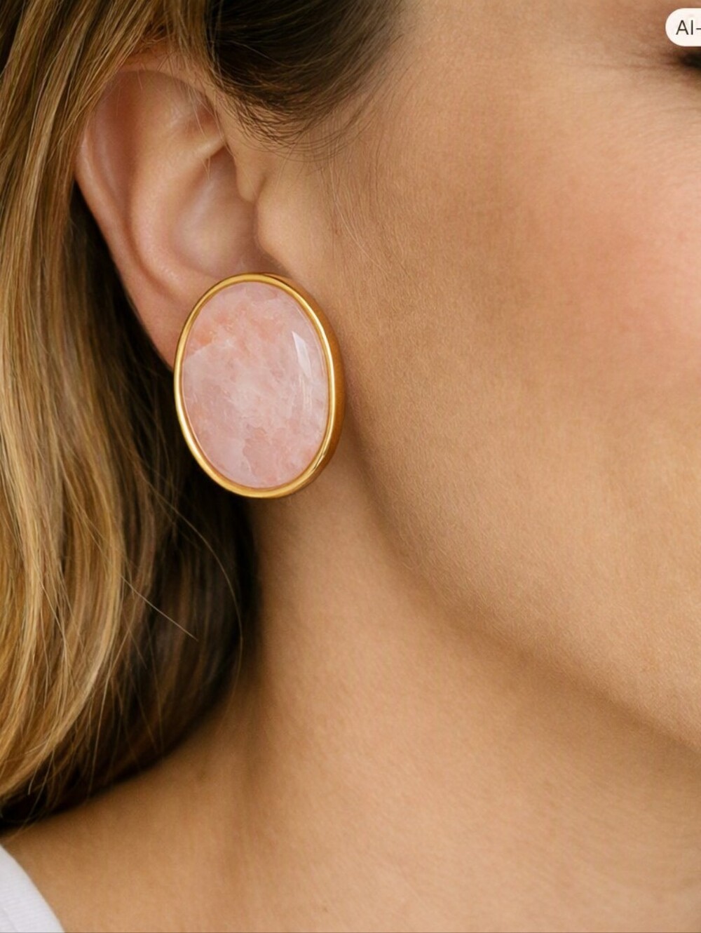 Vintage Earrings 1970s Rose Quartz Gold Clip OnOval Cabochon Statement Pair